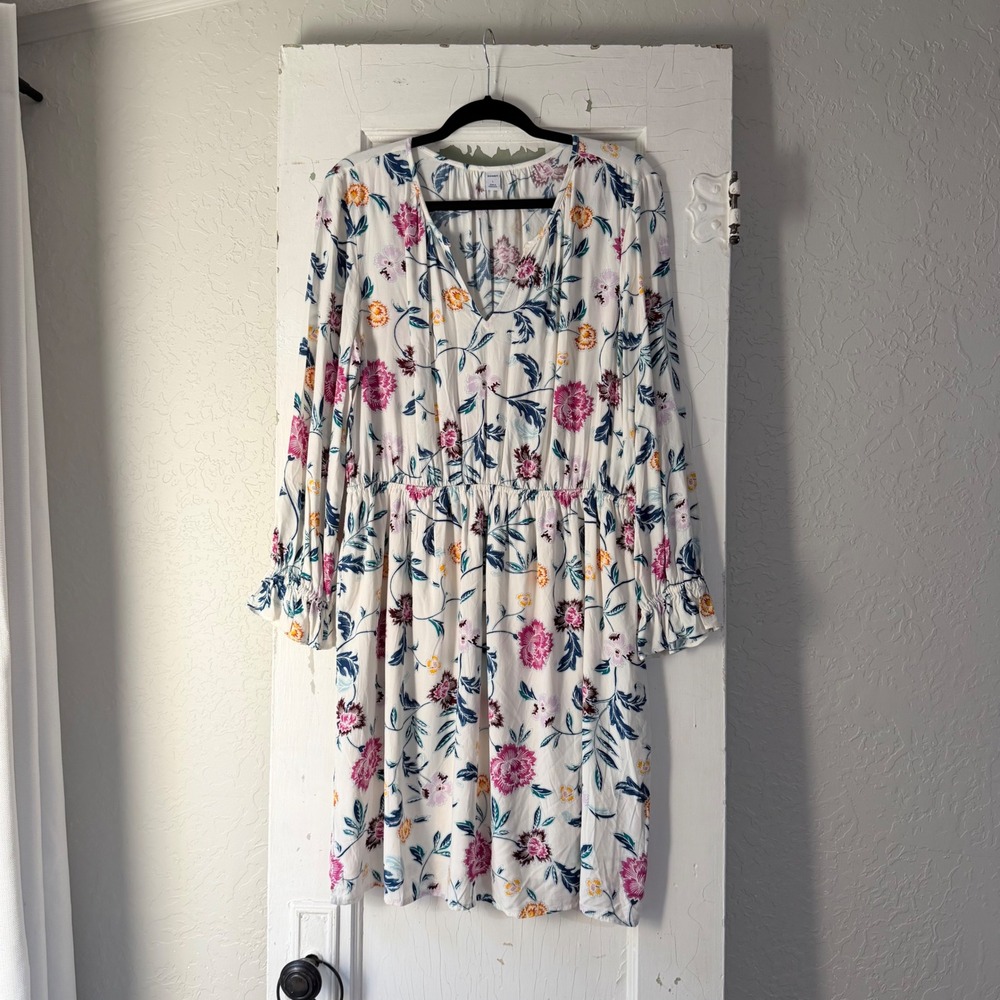 Old Navy Womens L Floral V-Neck Long Sleeve Ruffle Cuff Mini Dress White Pink
